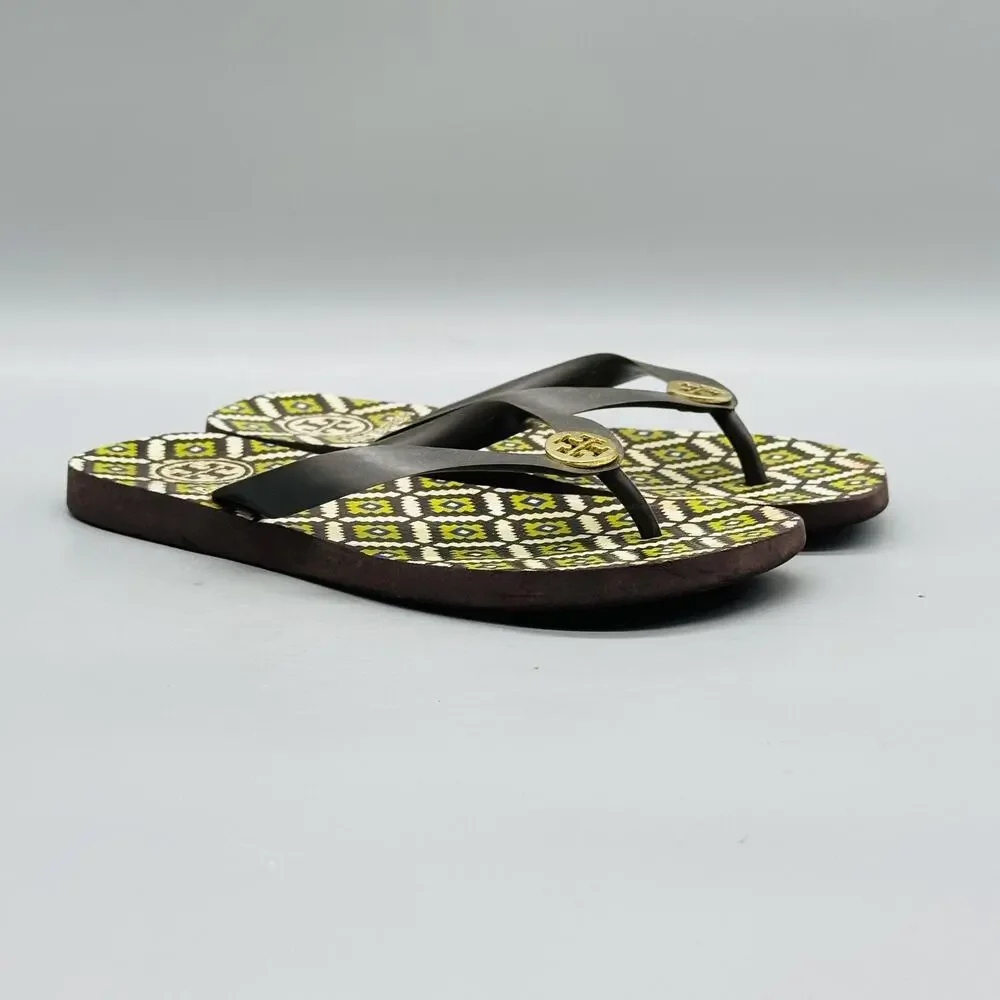 Tory Burch Sandals Womens 6 Multicolor Rubber Flip Flop Geometric Logo Shoes